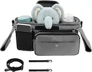 Polyester Stroller Organizer Large Capacity Pram Organizer Stroller Bag with 2 Insulated Cup Holder Adjustable Shoulder Strap for Travelling Camping(grey)