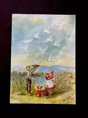 VTG Tasha Tudor Xmas Greeting Card Children Feeding White Doves With Their Corgi