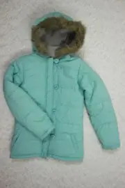 PUMPKIN PATCH blue hooded puffer faux fur trim jacket size 9 BNWT