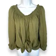 NEW Nicole Miller Artelier 100% Silk Olive Green Tie Bottom Peasant Blouse Sz S