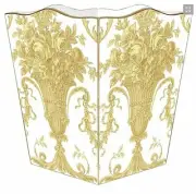 MARYE-KELLEY, 12" FRENCH GOLDEN VASE ON WHITE WOODEN WASTEPAPER BASKET, NEW