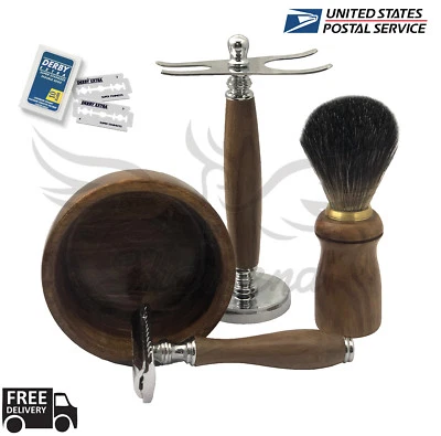 Full 4 Piece Men's Shaving & Grooming Set | DE Safety & Pure Brown Badger Brush