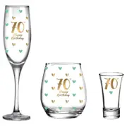 3pc LMD 70th Birthday Champagne/Stemless/Shot Glass Drinkware Set Clear