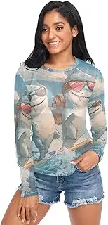[RPLIFE] Cute Cartoon Sharks Mesh Long Sleeve Tops for Women, Printed Mesh Top S-XXL