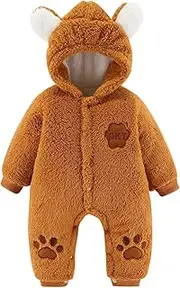 [Generic] Infant Newborn Baby Boys Girls Long Sleeve Cute Cartoon Fleece Patchwork Bear Ears Hooded Romper Jumpsuit Outfit Clothes Coat Kids Outfits (Yellow, 3-6 Months)