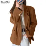 ZANZEA 女式韓版長袖純色寬鬆翻領口袋燈芯絨西裝外套