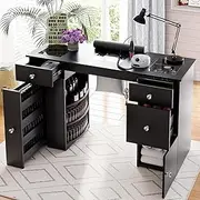 [ADVWIN] Manicure Table for Nail Tech, Glass Top Nail Table Acetone Resistant w/Dust Collector, Drawers & Shelves & Cabinet Storage, Nail Beauty Workstation w/Wrist Cushion, Crystal Handles (Black)