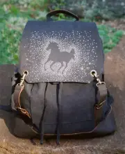 Running Horse Rhinestudded 16" Leather Accent Heavy Canvas Backpack Black