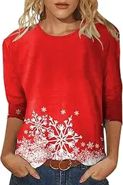 [Generic] Womens Daily Christmas Print O Neck Tops Three Quarter Sleeve Round Neck Tee Shirt Printed Flower Loose Side Split Blouse Tunic Womens Long Sleeve Button Down Shirt (d-Red, XXL)