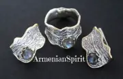 Armenian Spirit labradorite blue small earrings ring silver 925 women vintage