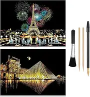 Scratch Paper Rainbow Painting Sketch Pads DIY Art Craft Night View Scratchboard for Adults and Teens - Scratch Painting Creative Gift - 2 Packs & Pen, Clean Brush, 16” x 11.2” (Paris/Louvre)