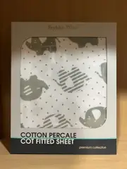 BNIP Bubba Blue White & Grey Cotton Percale Fitted Cot Sheet Elephant