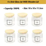 6 X 500ML Wooden Lid Glass Jar Kitchen Food Storage Lolly Candy Container