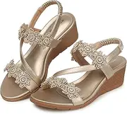 [TEMOFON] Wedge Sandals for Women Dressy: Summer Open Toe Elastic Ankle Strap - Comfortable Bohemian Flower Sandals - Low Wedge Sandal