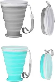 Lopsity 2PCS Silicone Collapsible Cup Travel Cup Folding Camping Cup with Lids Reusable Portable Mugs Cup with Lids for Travel Outdoor Sports Hiking (Grey+Blue)