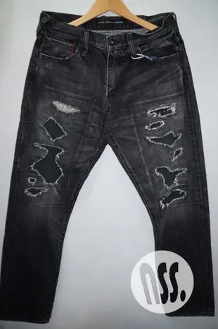 「NSS』DENIM BY VANQUISH FRAGMENT 黑水洗 破壞 牛仔褲 W30 閃電 日本製