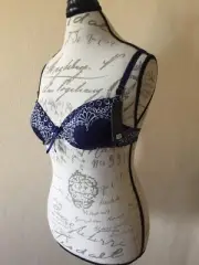 NEW Womens BRA Cup BLUE Push Up Lace Underwire Padded 34 B 75 Balconette USA