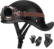 Vintage Half Cover Helmet Leather Motorcycle Half Helmet with Goggle Scooter Helmet Dovetail Design Fit Adult Men Women Street Racing Cruiser DOT/ECE Approved Motorbike Helmet