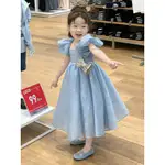 正韓女童洋裝 迪士尼公主服裝蓬蓬裙 洋裝 女童小禮服艾莎公主裙儿童COSPLAY2024兒童 禮服裙 藍色泡泡袖連身裙