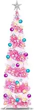 UONNO 5Ft Prelit Christmas Tree Pop Up Pencil Tree with 50 Color Lights Ball Ornament Holiday Xmas Party Decorations (Pink White)