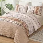 Boho Quilt Set Queen Size,Geometry Printed Bedspread Queen(96"×90") Beige