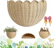 Scalloped Wall Basket, Scalloped Hanging Wicker Baskets for Wall, No Punching with Hooks Natural Indonesian Rattan Handwoven Nordic Style Storage Organizer, Decorative Woven Storage Holder (1 PC)