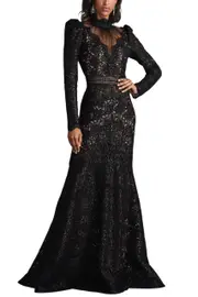 [TADASHI] ENZO SEQUIN EMBROIDERED HIGH NECK ILLUSION GOWN US 14 BLACK