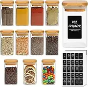 ComSaf 12Pcs Glass Spice Jars with Bamboo Lid, 8oz（240ml） Airtight Square Containers with 275 Black Lables, Empty Seasoning Jars for Spice Salt Sugar