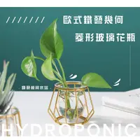 在飛比找momo購物網優惠-【園藝裝飾】歐式鐵藝幾何菱形玻璃花瓶(裝飾花器 插花 花盆 