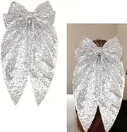 Silver Glitter Bow Hair Clip 8 Inch Sequin Bowknot Clips for Women Girls Large Hair Ribbons Barrette with Long Tails French Bows Clips Bowknot Accessories