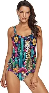 [Joisal] Cute Beetle Grey Tankinis Swimwear for Women, Swim Tank Top Women with Mid Waist Briefs Sporty Swimsuits for Women, Cactus Leopard Print, Medium