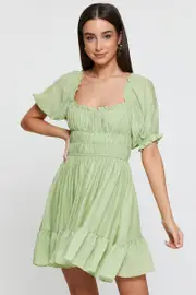 Green Dress Short Sleeve Mini - Size 10, Women's Skater Dress