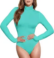 [Caihoyu] Teal Solid Color Pure Plain long sleeve Body Suits for Womens Neck Leotard Women Sexy Tops for Women Mock Turtle Neck, Color 3