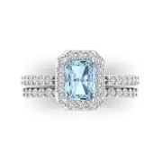 2.2 ct Emerald Cut Halo Swiss Topaz Promise Bridal Ring Band set 14k White Gold