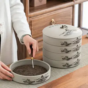 粗陶普洱茶餅收納盒陶瓷罐子復古中國風水墨白茶儲存罐存放盒