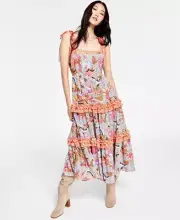 INC INTERNATIONAL CONCEPTS Mixed-Print Floral Tiered Mid length Dress Size Small