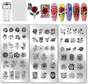 PH PandaHall 3pcs Rose Flower Pattern Nail Stamp Plate Rose Crack Pattern Print Art Template Stainless Steel Nail Image Plate with Stamper and Scrape for Women DIY Printing 4.7x2.3 inch