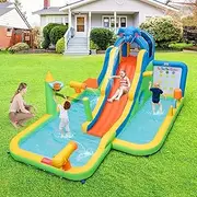 HONEY JOY Inflatable Water Slide, 9-in-1 Water Park Jumping Castle W/Ring-toss Game, Volleyball Area, Basketball Hoop, Ball Shooting, Climbing Wall, Tunnel, Ball Pit, Water Cannons (Without Blower)