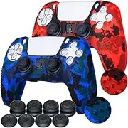 Studded Printing Silicone Cover Skin Case for PS5 Controller x 2(Red+Blue) with Pro Thumb Grips x 8