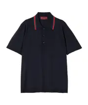 Wool knit polo shirt with Web L,M dark blue