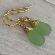 Min Favorit Peridot Green Sea Glass Teardrop & Gold Pl Artisan Wrap Earrings