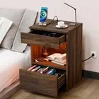 Open Shelf LED Nightstand with Charging Station Dark Walnut 2 Drawers Bedside Ta