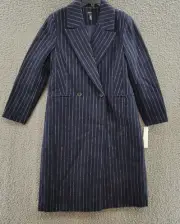 AQUA Wool Blend Double Breasted Coat Women's Medium Navy Pinstripe Collared L/S