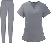 [Perfeclan] Women's Scrub Sets Nurse Work Uniforms Workwear Machine Washable Breathable V Neck Tops and Scrub Pants for Pet Grooming