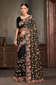 Designer Black Heavy Resham Zari Stone Embroidery Work Sari Net Party Wear Saree