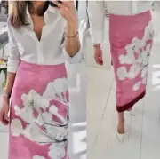 ZARA SS24 MID-RISE MIDI LINEN BLEND PENCIL SKIRT FLORAL PINK L 2394/153 NWT