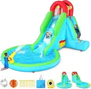 Whubefy Water Slide Bounce House, 156x100x85inch Inflatable Bounce House for Kids, Water Cannon, Splash Pool, Backyard Inflatable Water Slide Summer Fun 840+420D Oxford Cloth Water Bounce House
