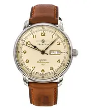 Zeppelin Mediterranee 1921 Leather Strap Beige Dial Automatic 21 Jewels Day/Date Display 96645 50M Men's Watch