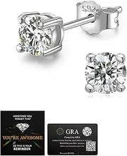 [JANDY SHINE] Moissanite Stud Earrings for Women Men D Color VVS1 Clarity Round Cut Lab Created Diamond 925 Sterling Silver 18K White Gold Plated Jewelry
