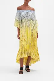 HIGH LOW HEM OFF SHOULDER DRESS MOON AND BACK